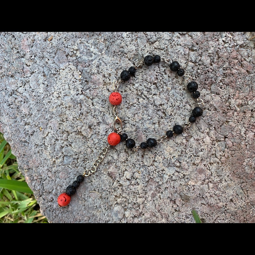 BLACK AND RED LAVA STONE LINK BRACELET